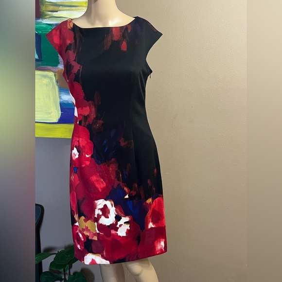 INC International Concepts Dress SZ 4 Black Red Abstract Floral Print Sheath - Picture 3 of 14